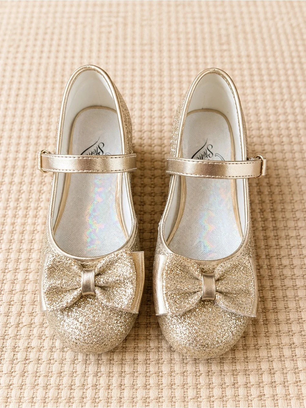 Stelle Girls Gold Glitter Mary Jane Dress Shoes Bow Flats Size 13
